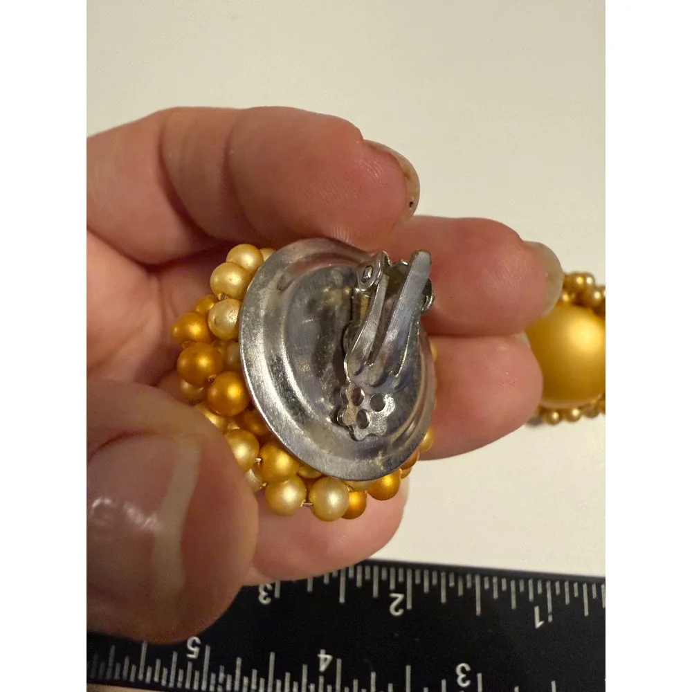 Vintage Gold Tone Faux Pearl Cluster Clip On Earrings Mid Century‎ Statement